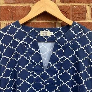 Katherine Way Navy & White Geometric Split-Neck Tunic Dress